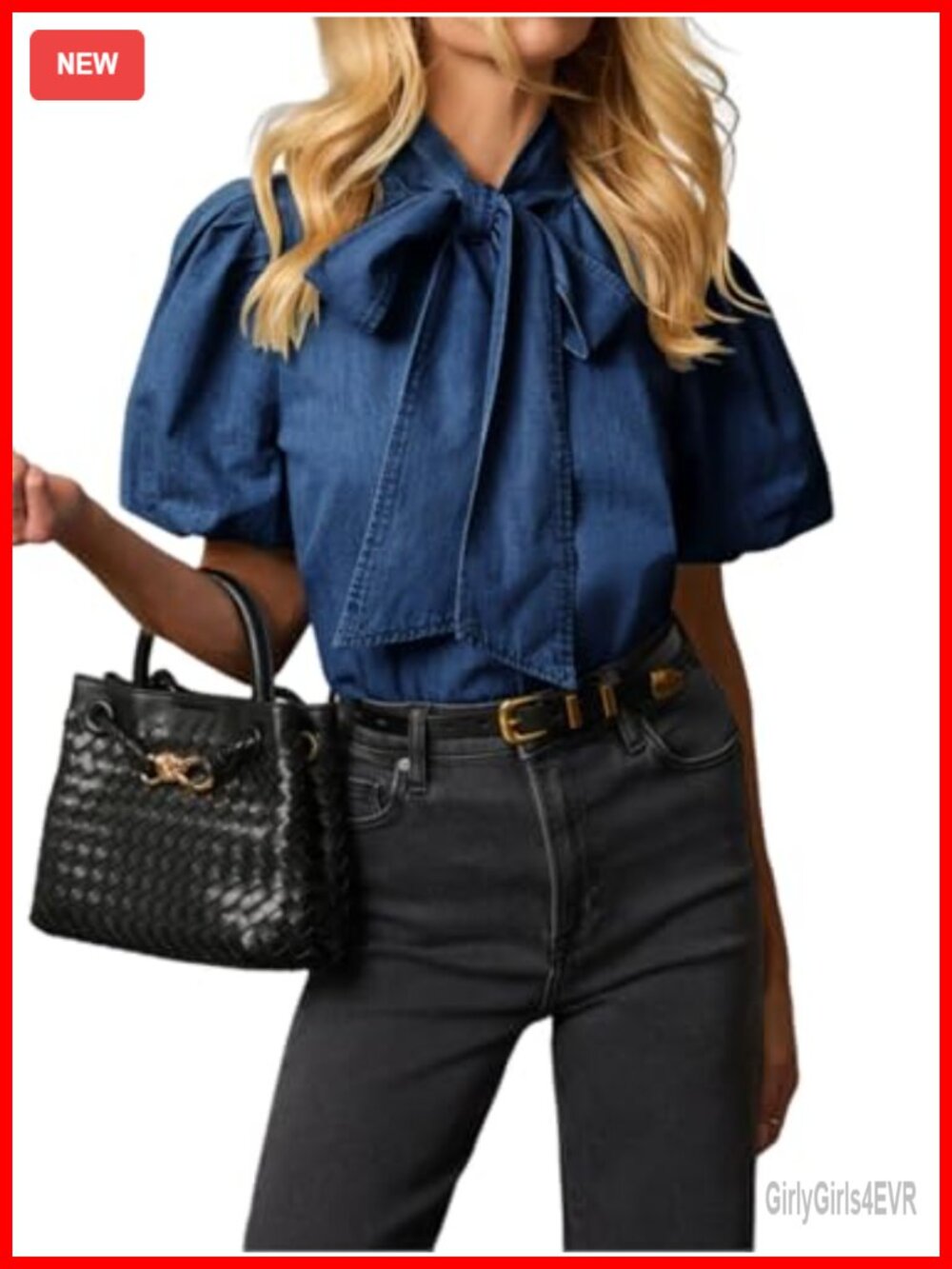 Women's Denim Button Down Shirt Puff Sleeve Tie Neck Blouse